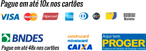 formas de pagamento pague em at 10x nos cartes, visa, mastercard, hipercard, bndes, caixa, proger